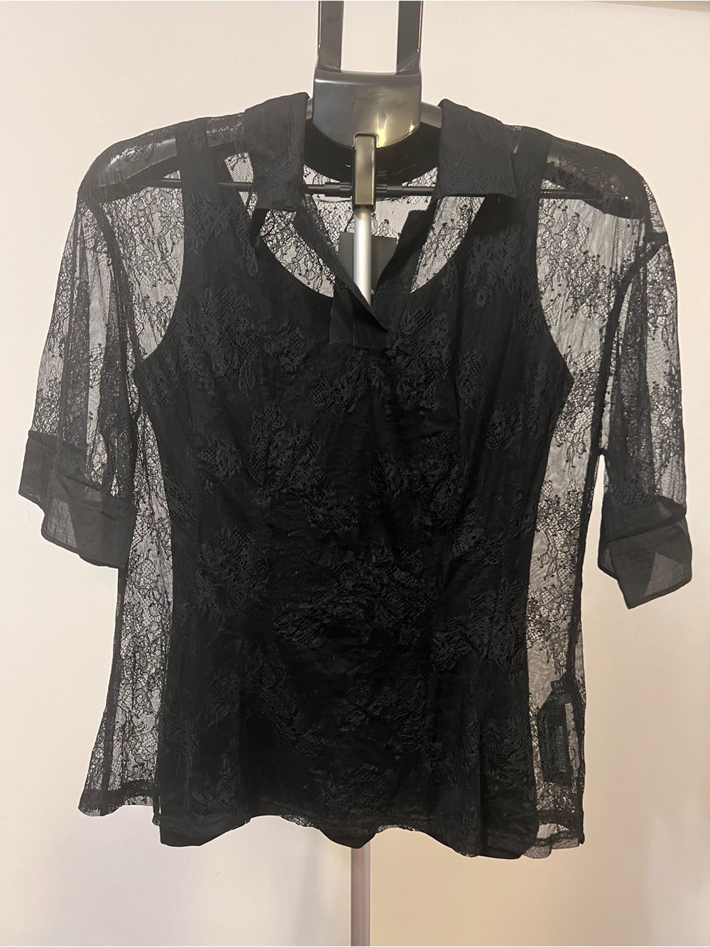 Massimo Dutti NWT Black Sheer Lace Blouse Made in Portugal Size M